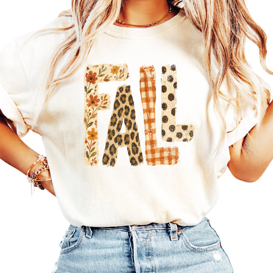 Ivory Fall leopard floral gingham polka dot graphic tee for women and teen girls on Comfort Colors 1717, front flat lay