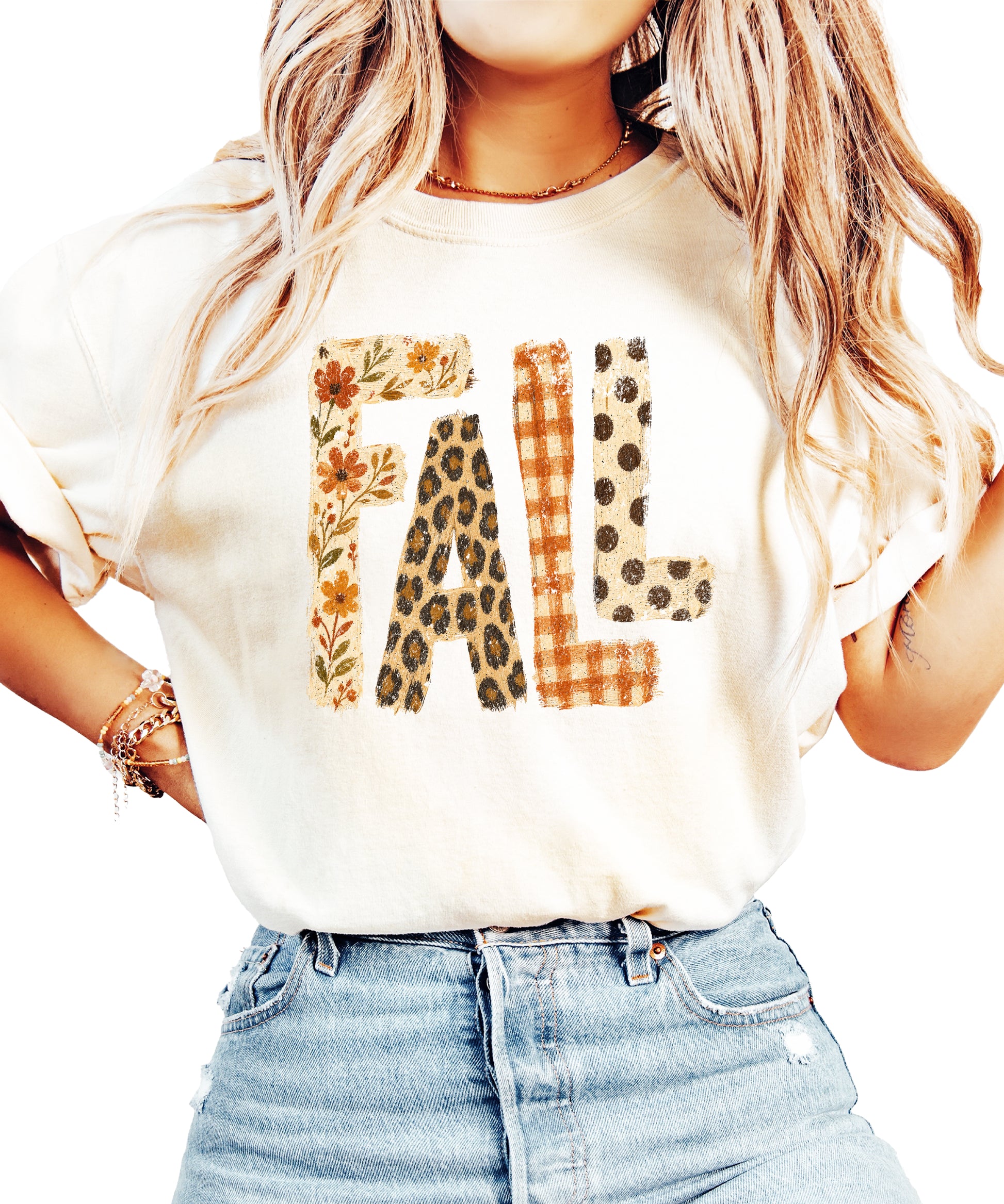 Ivory Fall leopard floral gingham polka dot graphic tee for women and teen girls on Comfort Colors 1717, front flat lay
