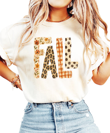Ivory Fall leopard floral gingham polka dot graphic tee for women and teen girls on Comfort Colors 1717, front flat lay