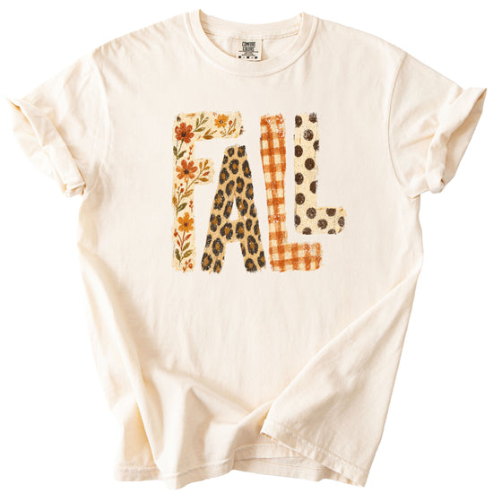 Ivory Fall leopard floral gingham polka dot graphic tee for women and teen girls on Comfort Colors 1717, model wearing the tee