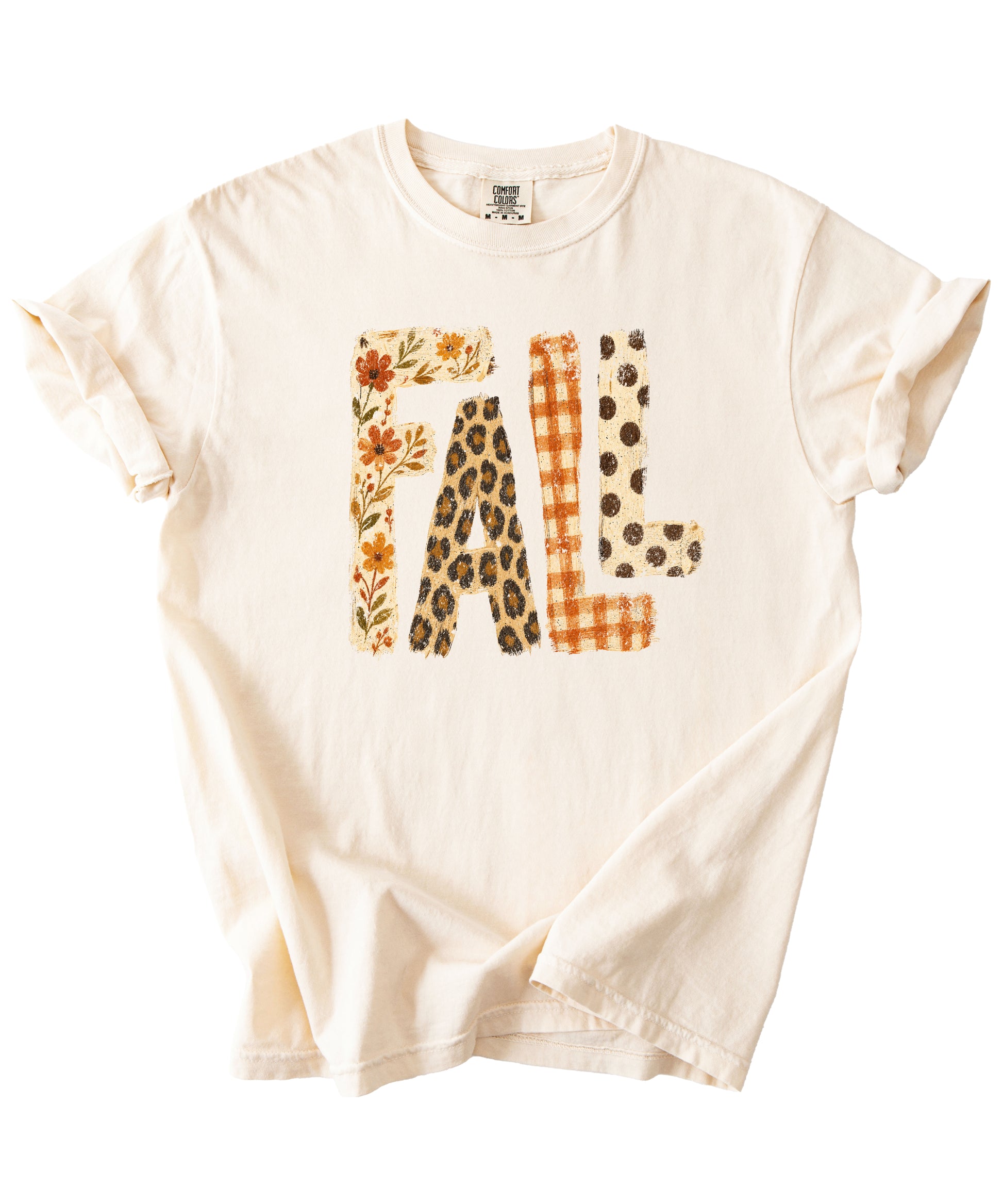 Ivory Fall leopard floral gingham polka dot graphic tee for women and teen girls on Comfort Colors 1717, model wearing the tee