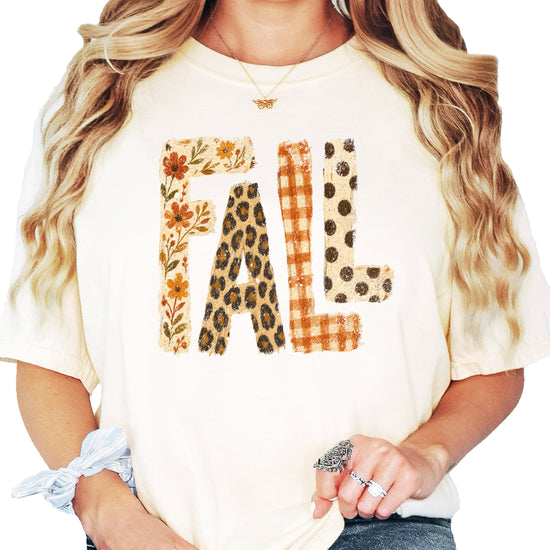 Ivory Fall leopard floral gingham polka dot graphic tee for women and teen girls on Comfort Colors 1717, close-up of the fall graphic detail