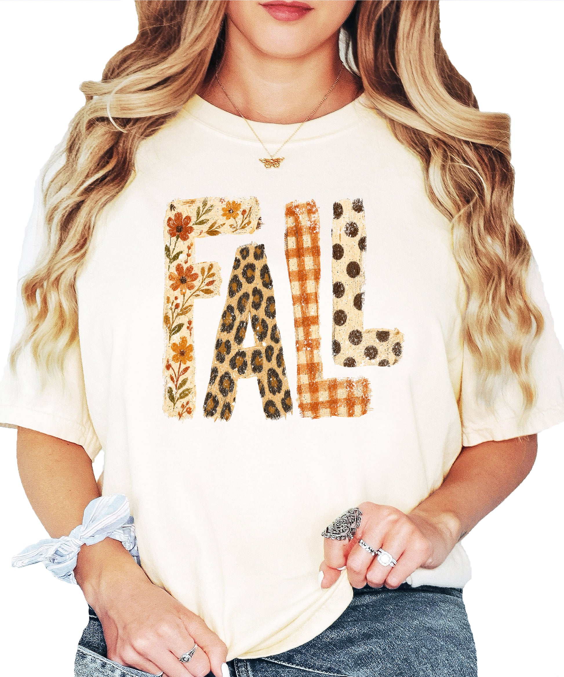 Ivory Fall leopard floral gingham polka dot graphic tee for women and teen girls on Comfort Colors 1717, close-up of the fall graphic detail