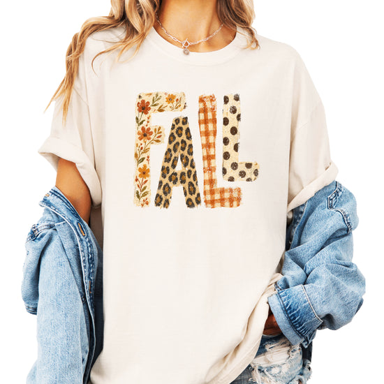 Ivory Fall leopard floral gingham polka dot graphic tee for women and teen girls on Comfort Colors 1717, lifestyle styling shot