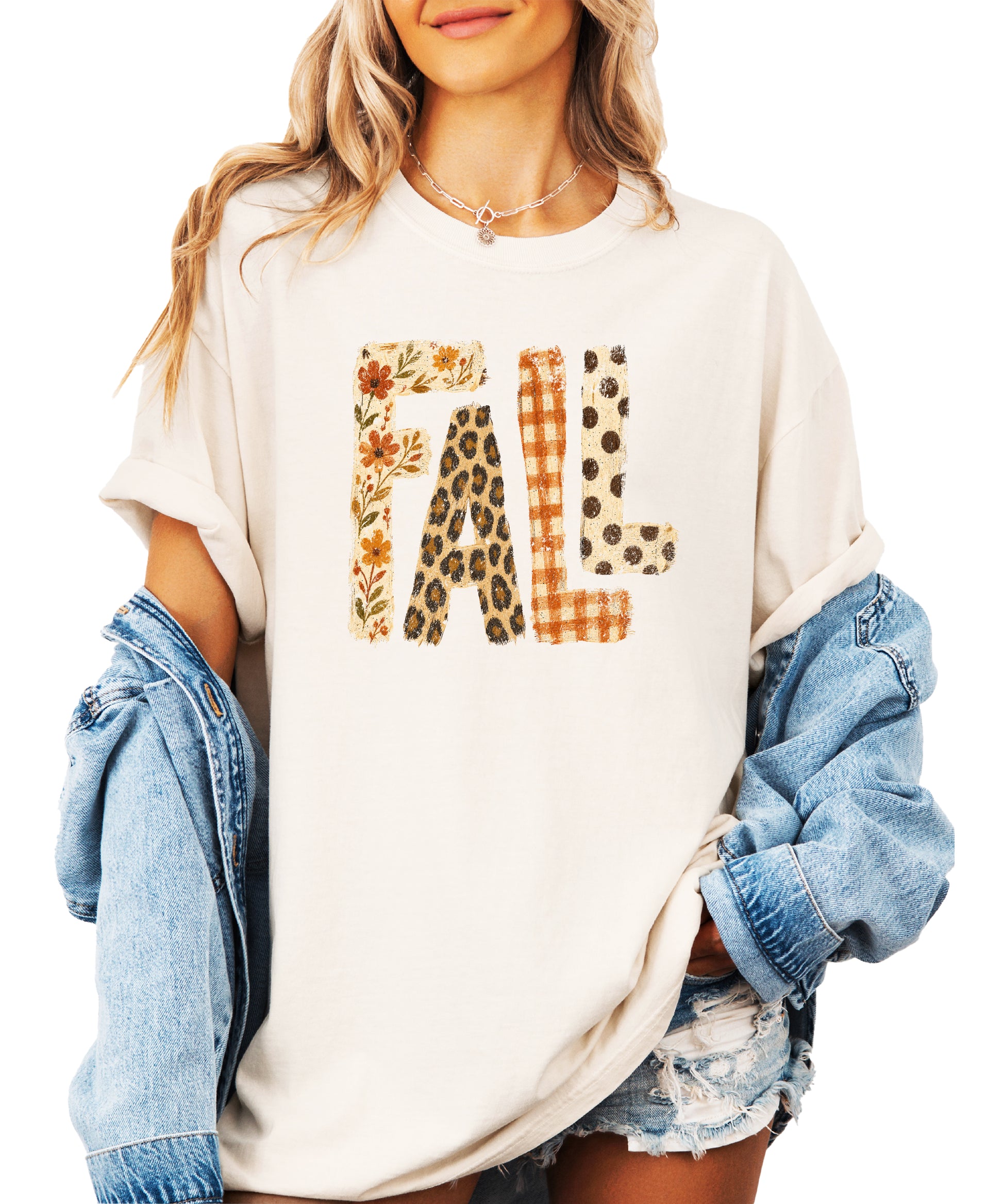 Ivory Fall leopard floral gingham polka dot graphic tee for women and teen girls on Comfort Colors 1717, lifestyle styling shot