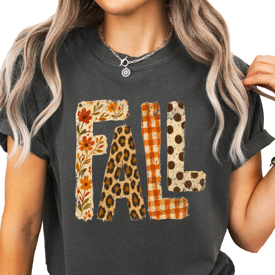 Pepper Fall leopard floral gingham polka dot graphic tee for women and teen girls on Comfort Colors 1717, front flat lay
