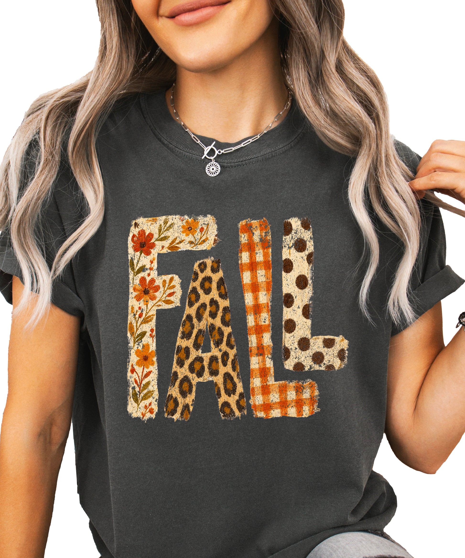 Pepper Fall leopard floral gingham polka dot graphic tee for women and teen girls on Comfort Colors 1717, front flat lay