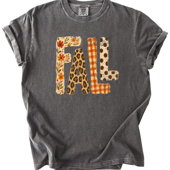 Pepper Fall leopard floral gingham polka dot graphic tee for women and teen girls on Comfort Colors 1717, model wearing the tee