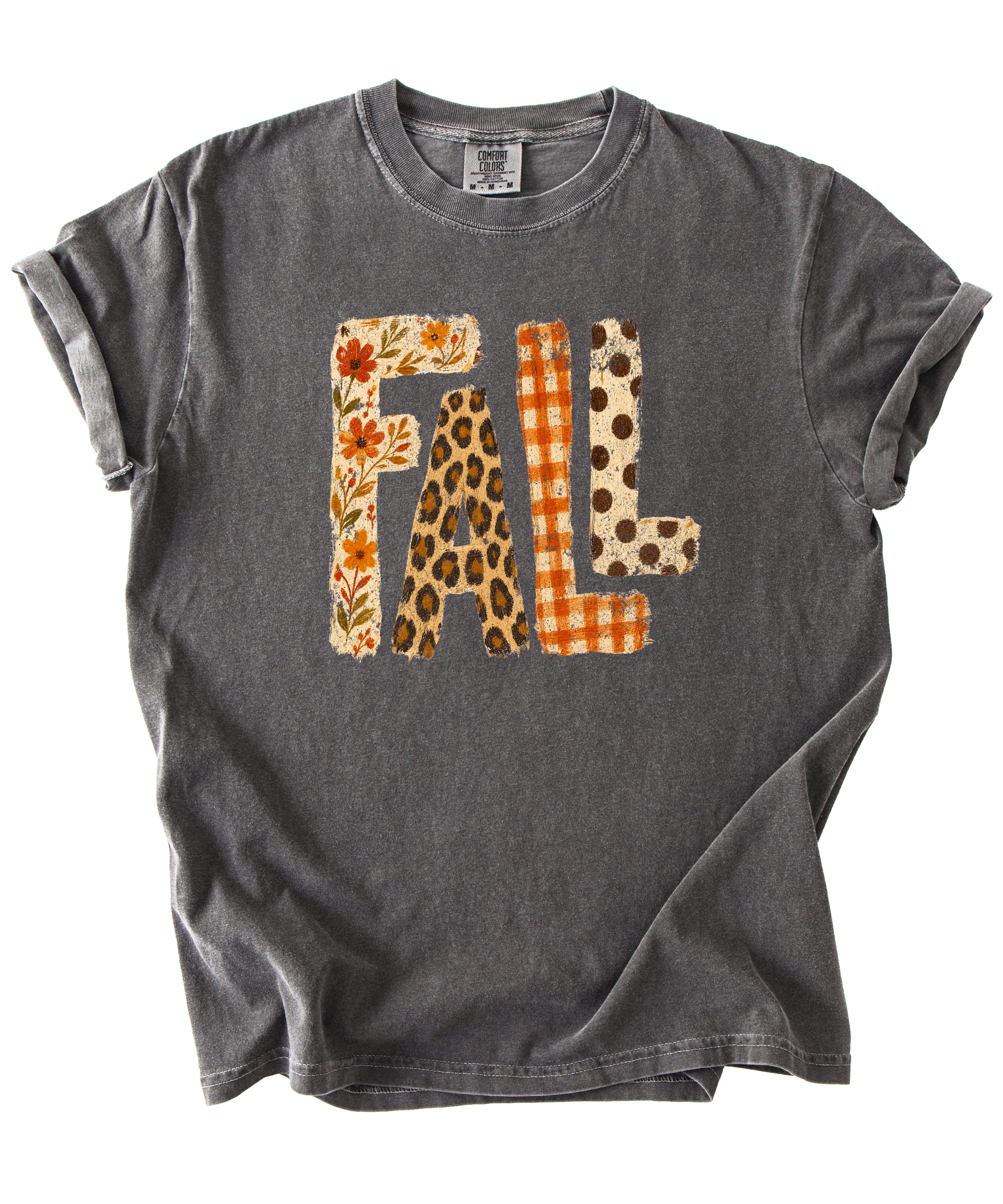 Pepper Fall leopard floral gingham polka dot graphic tee for women and teen girls on Comfort Colors 1717, model wearing the tee