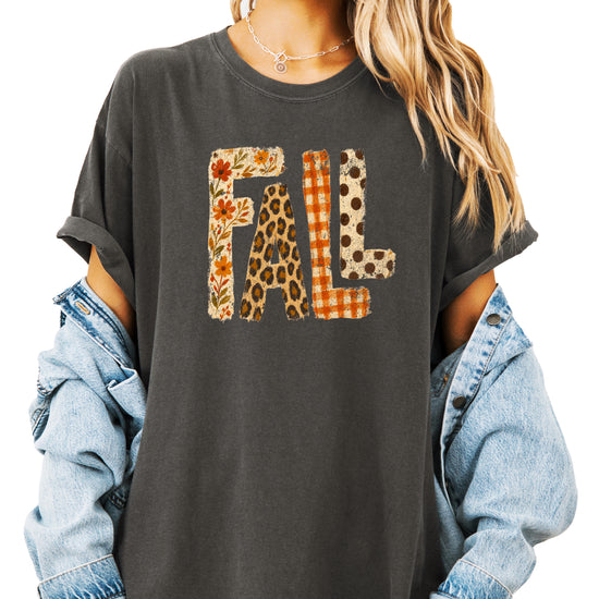 Pepper Fall leopard floral gingham polka dot graphic tee for women and teen girls on Comfort Colors 1717, close-up of the fall graphic detail