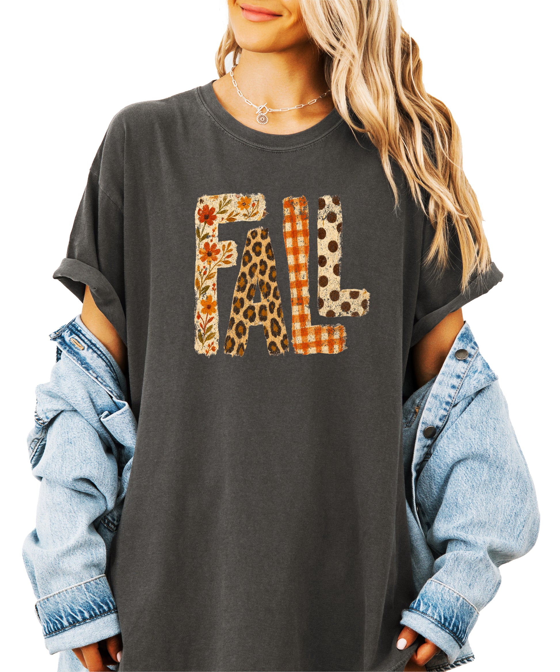 Pepper Fall leopard floral gingham polka dot graphic tee for women and teen girls on Comfort Colors 1717, close-up of the fall graphic detail