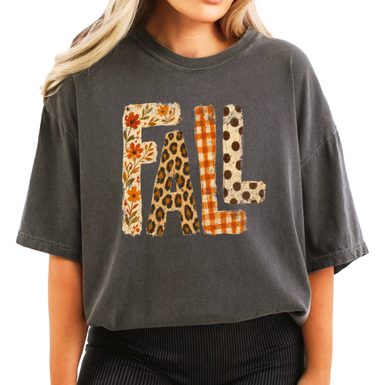 Pepper Fall leopard floral gingham polka dot graphic tee for women and teen girls on Comfort Colors 1717, lifestyle styling shot