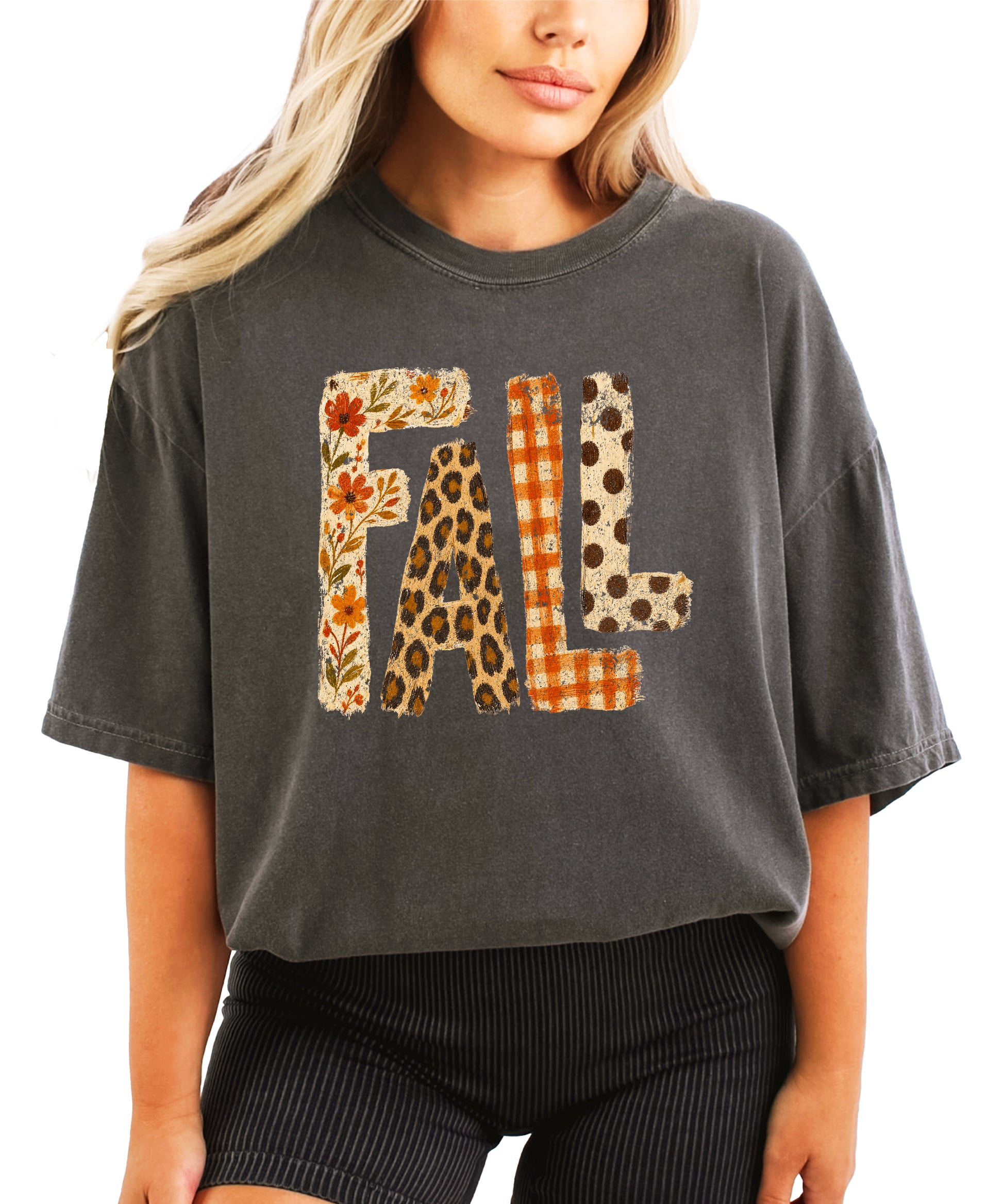 Pepper Fall leopard floral gingham polka dot graphic tee for women and teen girls on Comfort Colors 1717, lifestyle styling shot