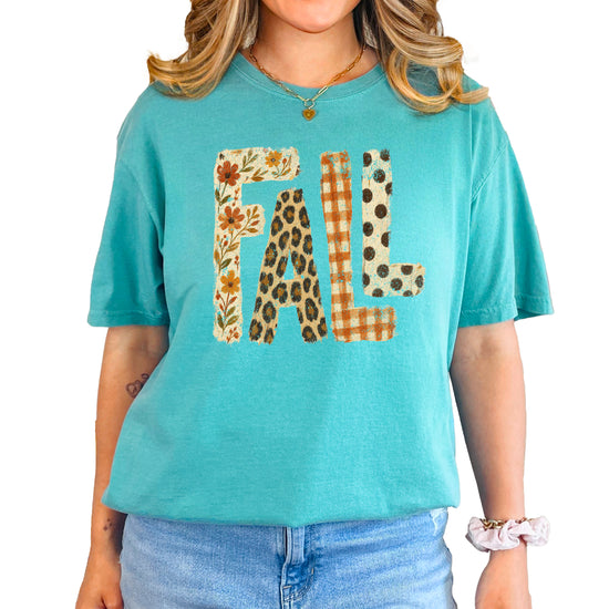 Seafoam Fall leopard floral gingham polka dot graphic tee for women and teen girls on Comfort Colors 1717, front flat lay
