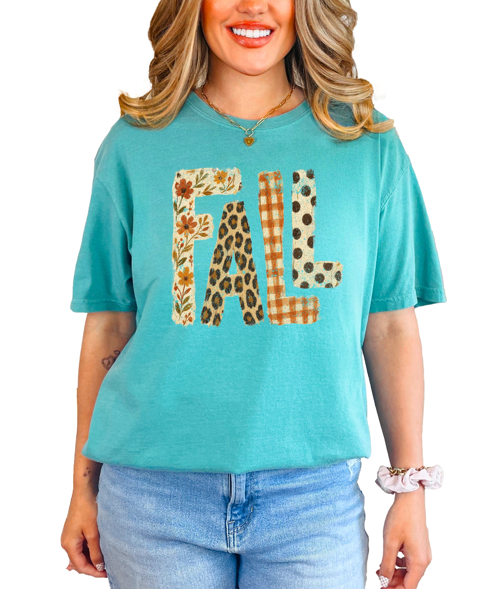 Seafoam Fall leopard floral gingham polka dot graphic tee for women and teen girls on Comfort Colors 1717, front flat lay