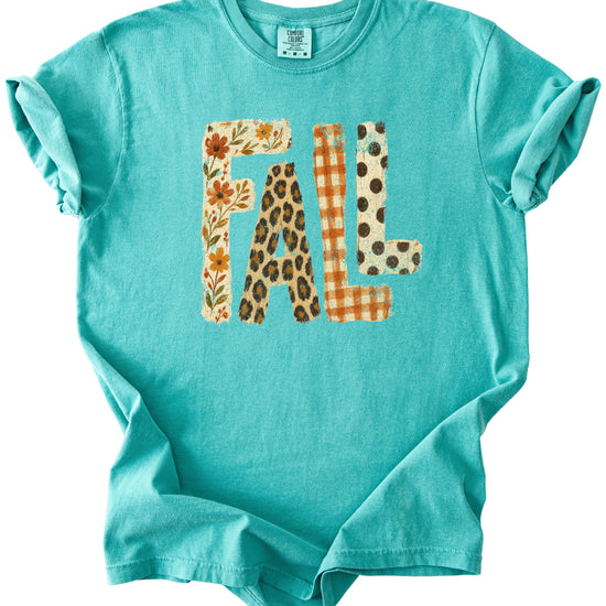 Seafoam Fall leopard floral gingham polka dot graphic tee for women and teen girls on Comfort Colors 1717, model wearing the tee