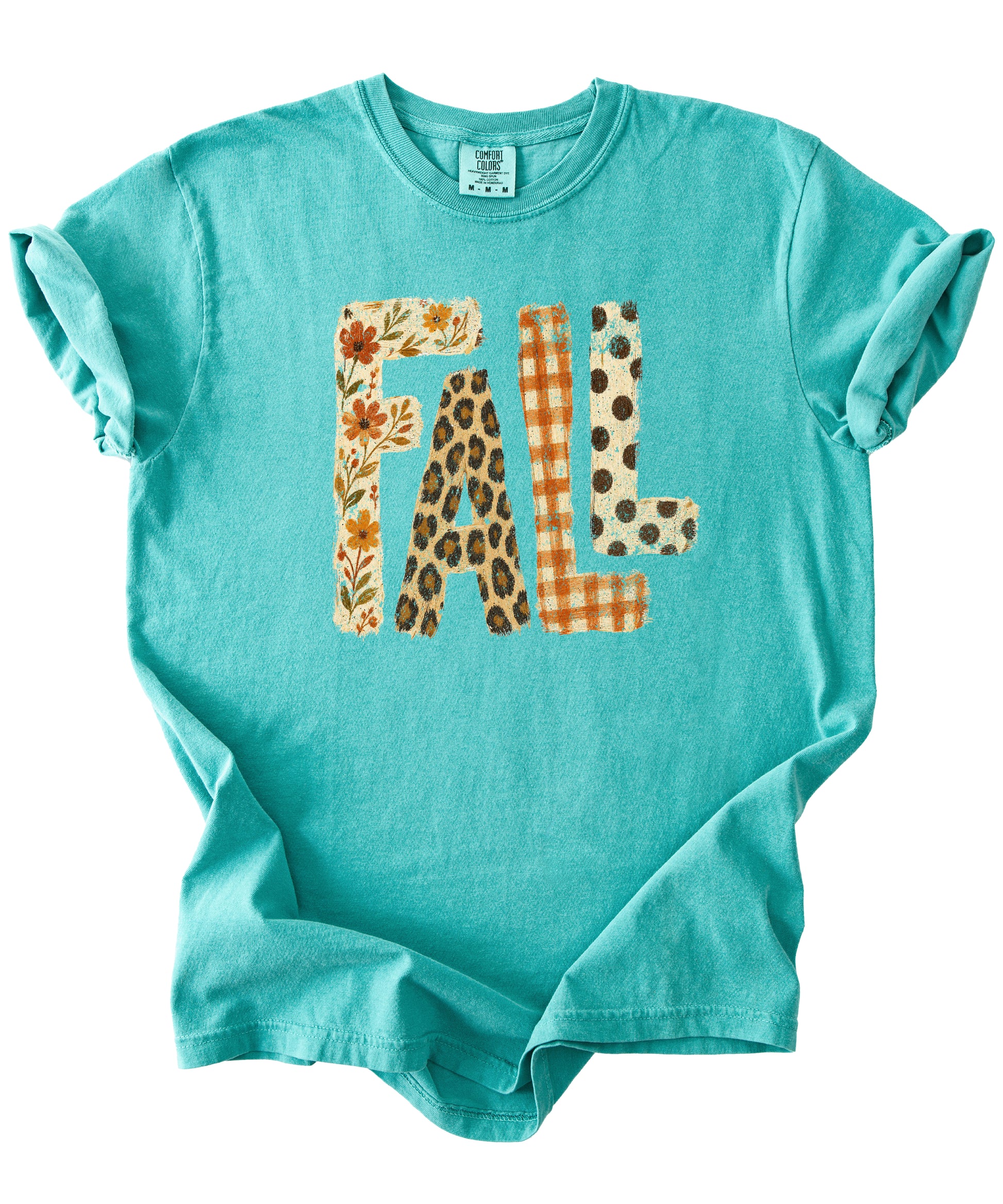 Seafoam Fall leopard floral gingham polka dot graphic tee for women and teen girls on Comfort Colors 1717, model wearing the tee