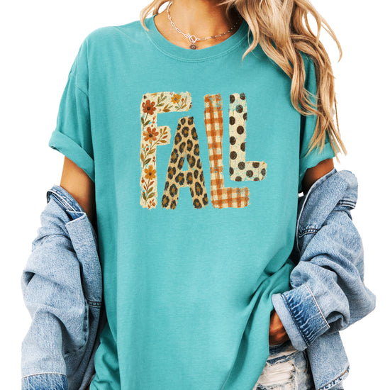 Seafoam Fall leopard floral gingham polka dot graphic tee for women and teen girls on Comfort Colors 1717, close-up of the fall graphic detail
