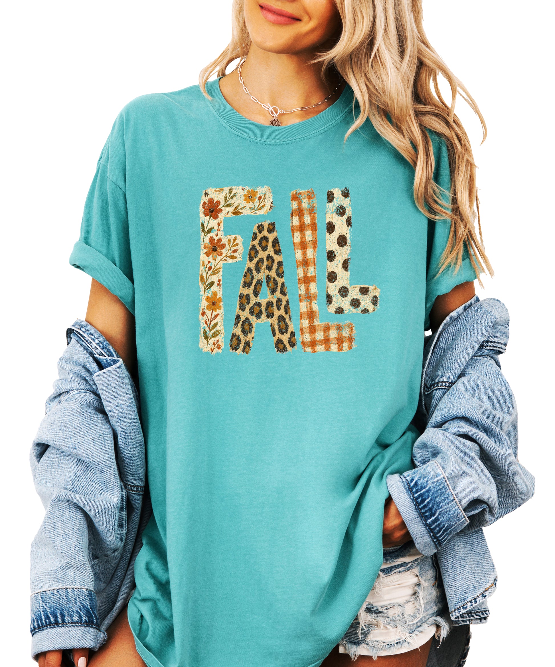 Seafoam Fall leopard floral gingham polka dot graphic tee for women and teen girls on Comfort Colors 1717, close-up of the fall graphic detail