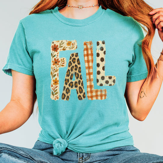 Seafoam Fall leopard floral gingham polka dot graphic tee for women and teen girls on Comfort Colors 1717, lifestyle styling shot