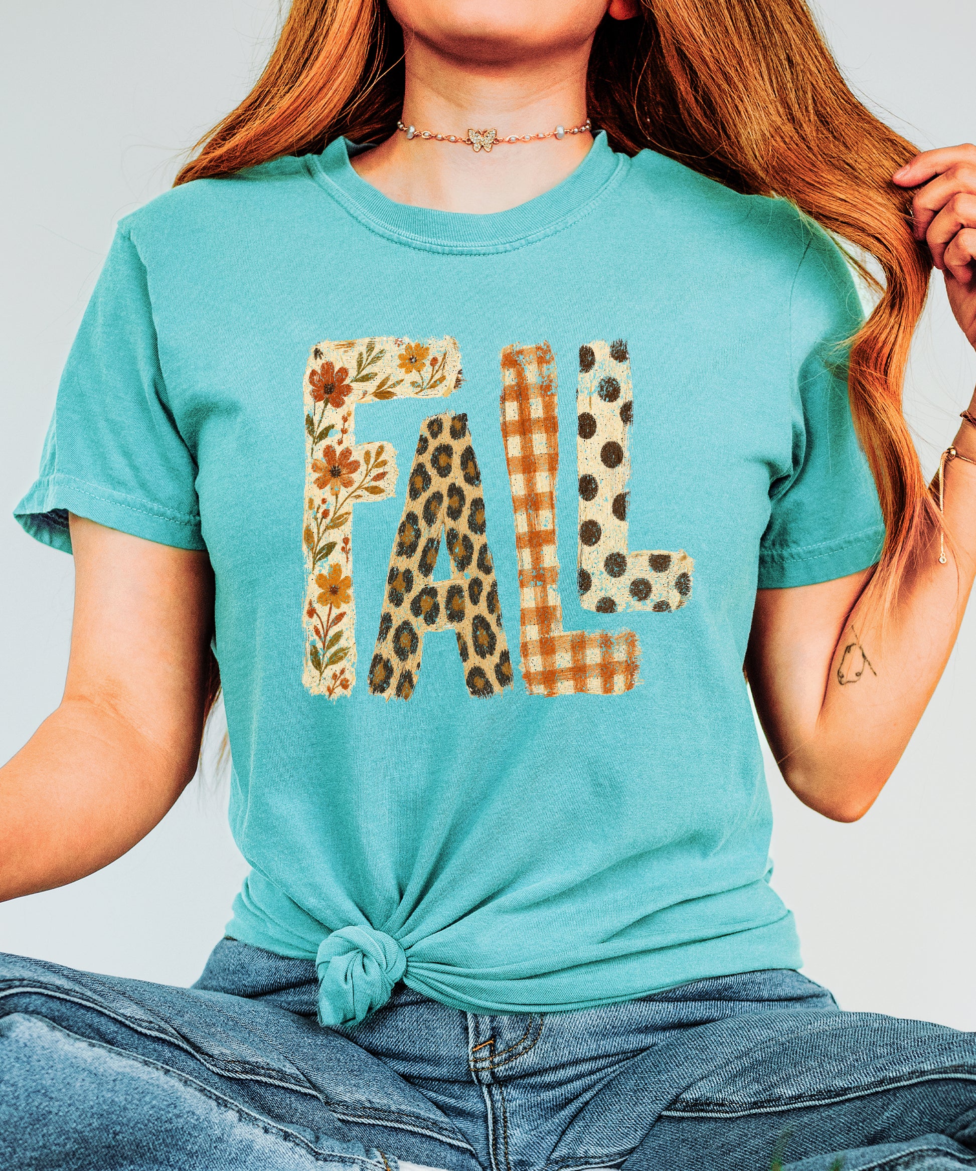 Seafoam Fall leopard floral gingham polka dot graphic tee for women and teen girls on Comfort Colors 1717, lifestyle styling shot