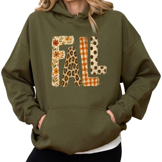 Fall leopard floral gingham polka dot graphic hoodie in Army Green - front view