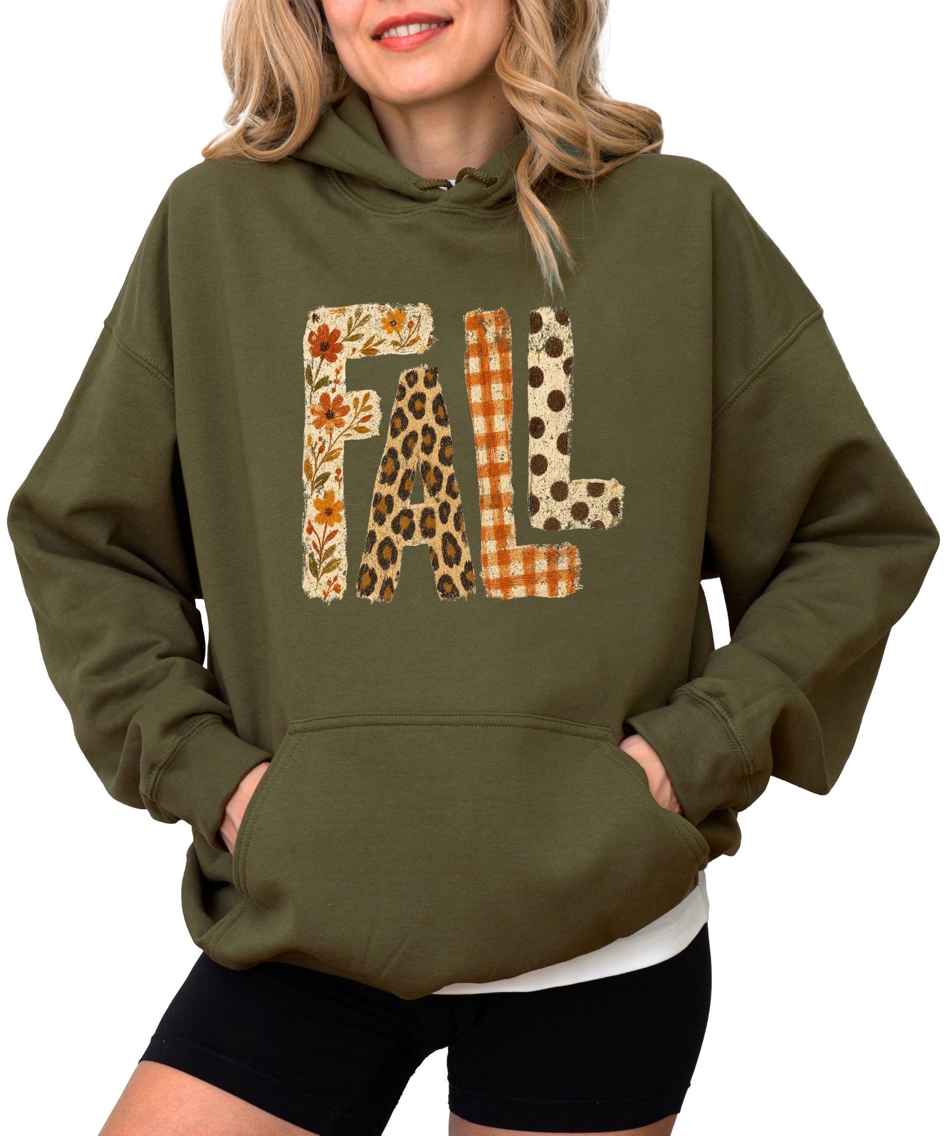Fall leopard floral gingham polka dot graphic hoodie in Army Green - front view