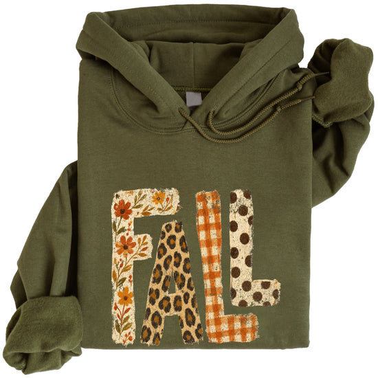Fall leopard floral gingham polka dot graphic hoodie in Army Green - detail view