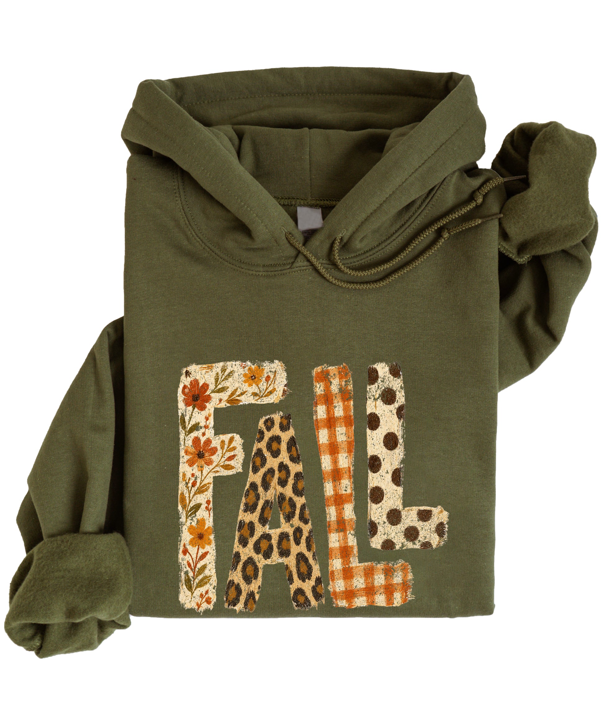 Fall leopard floral gingham polka dot graphic hoodie in Army Green - detail view