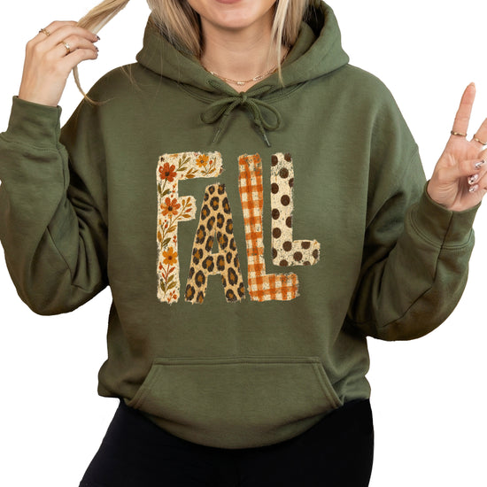 Fall leopard floral gingham polka dot graphic hoodie in Army Green - styled view