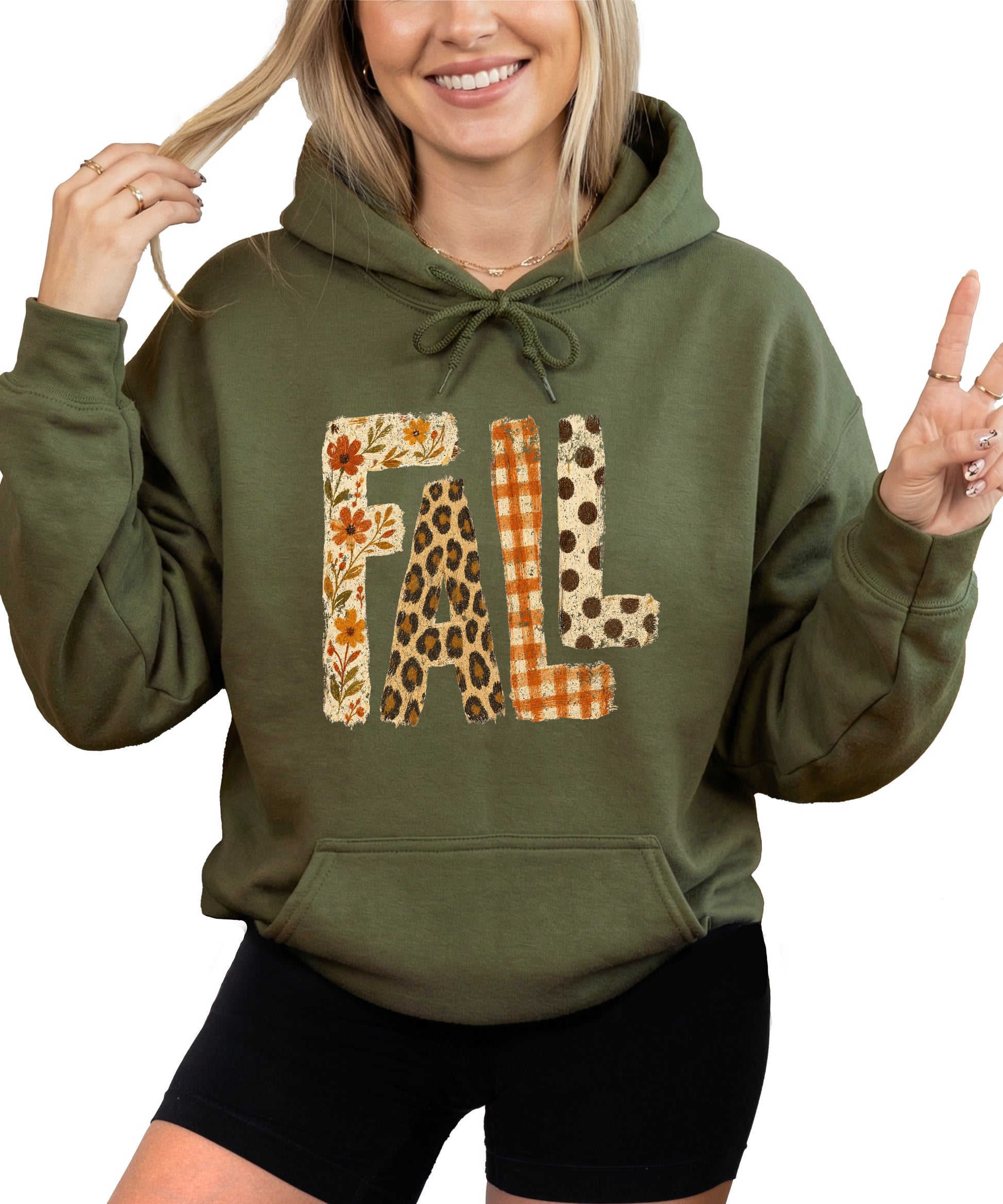Fall leopard floral gingham polka dot graphic hoodie in Army Green - styled view