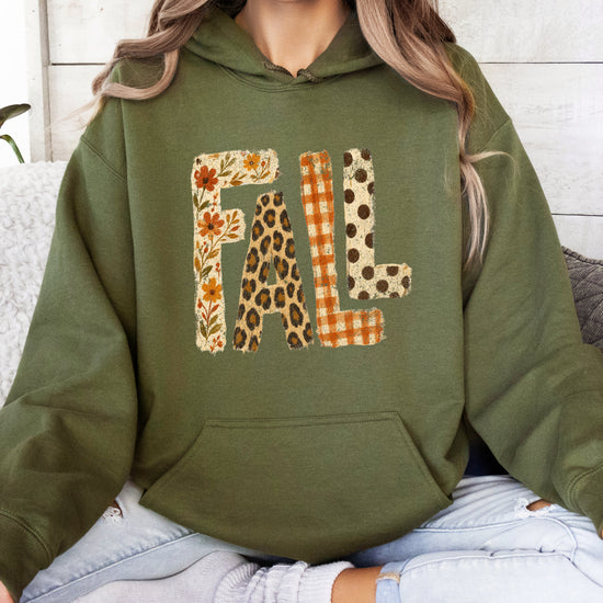 Fall leopard floral gingham polka dot graphic hoodie in Army Green - alternate view