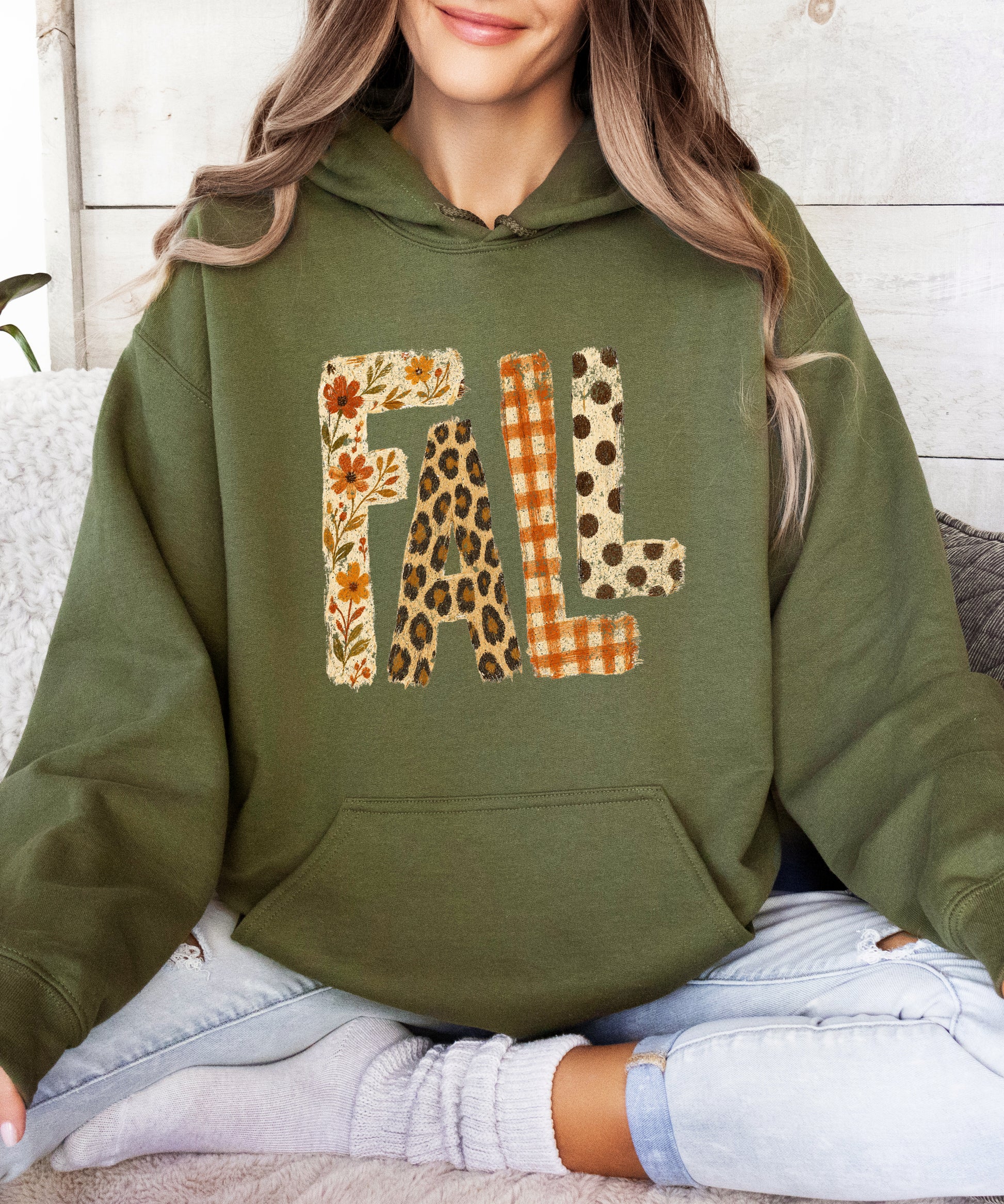 Fall leopard floral gingham polka dot graphic hoodie in Army Green - alternate view