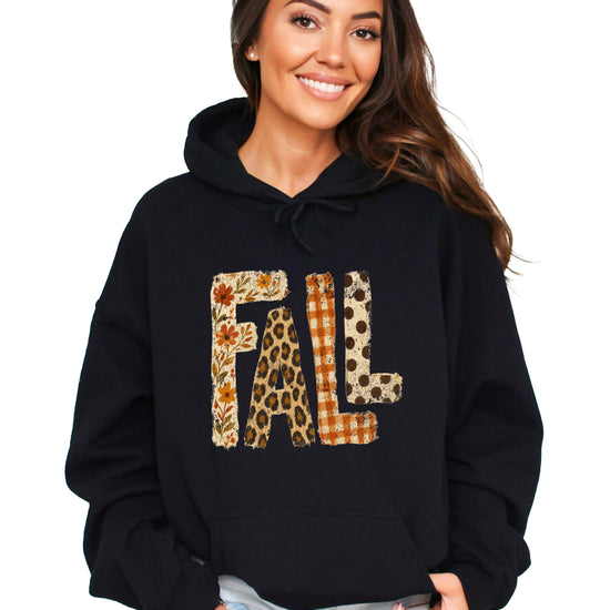 Fall leopard floral gingham polka dot graphic hoodie in Black - front view