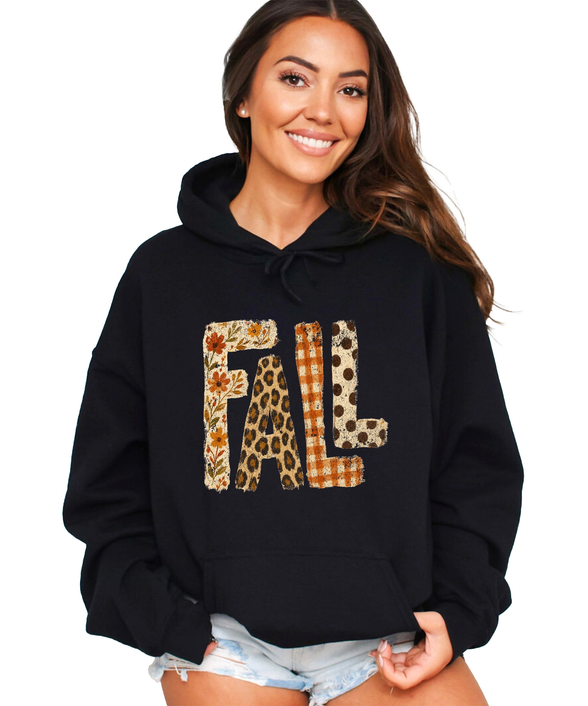 Fall leopard floral gingham polka dot graphic hoodie in Black - front view