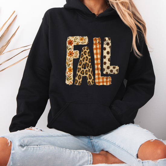 Fall leopard floral gingham polka dot graphic hoodie in Black - styled view