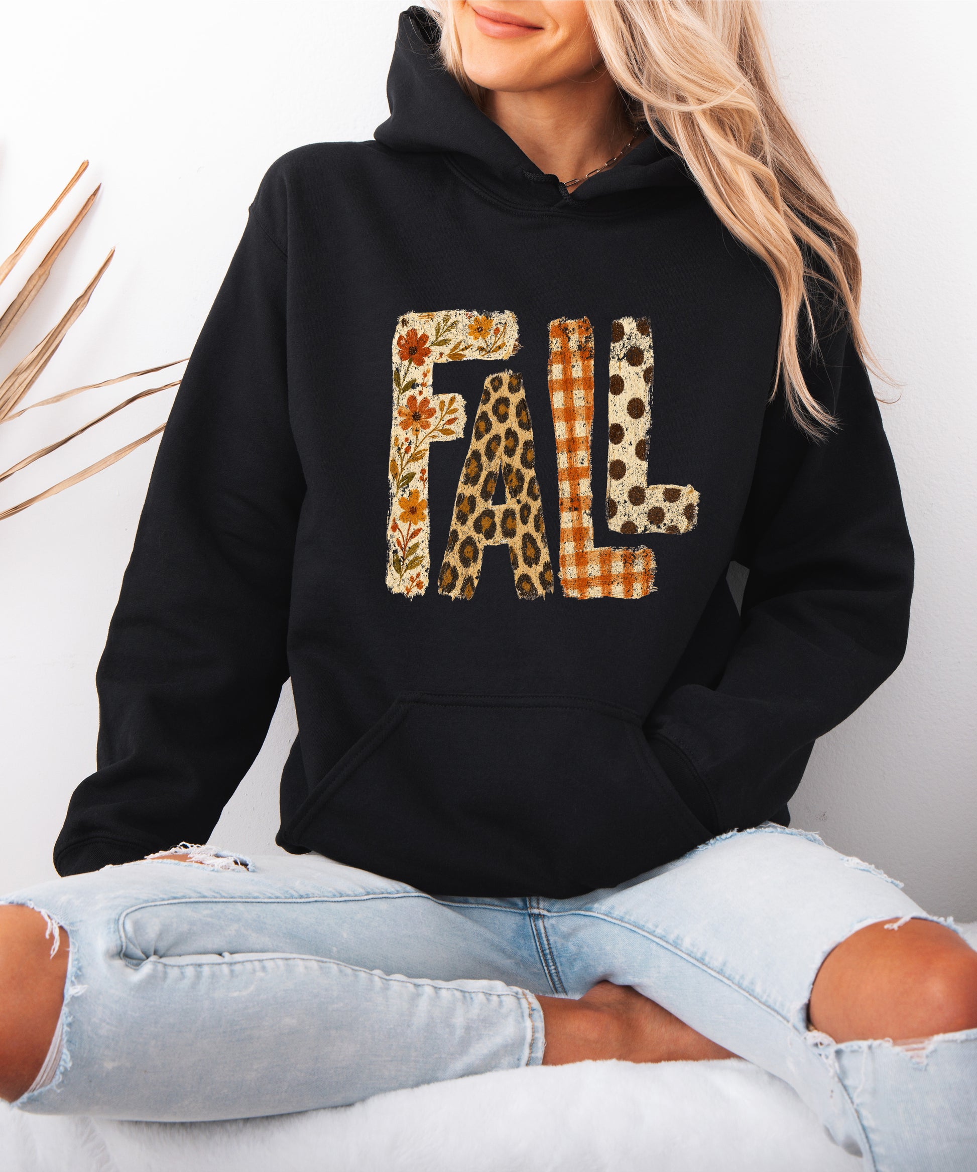 Fall leopard floral gingham polka dot graphic hoodie in Black - styled view