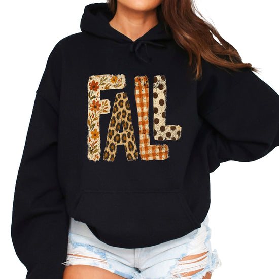 Fall leopard floral gingham polka dot graphic hoodie in Black - lifestyle view