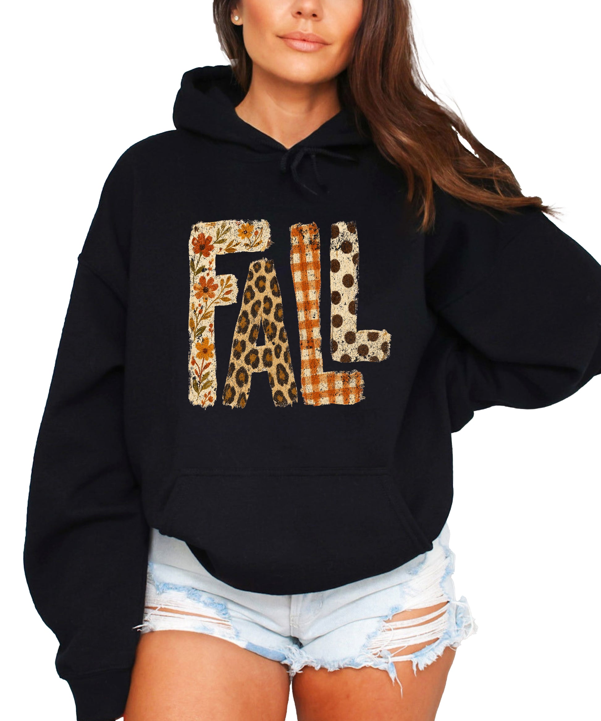 Fall leopard floral gingham polka dot graphic hoodie in Black - lifestyle view