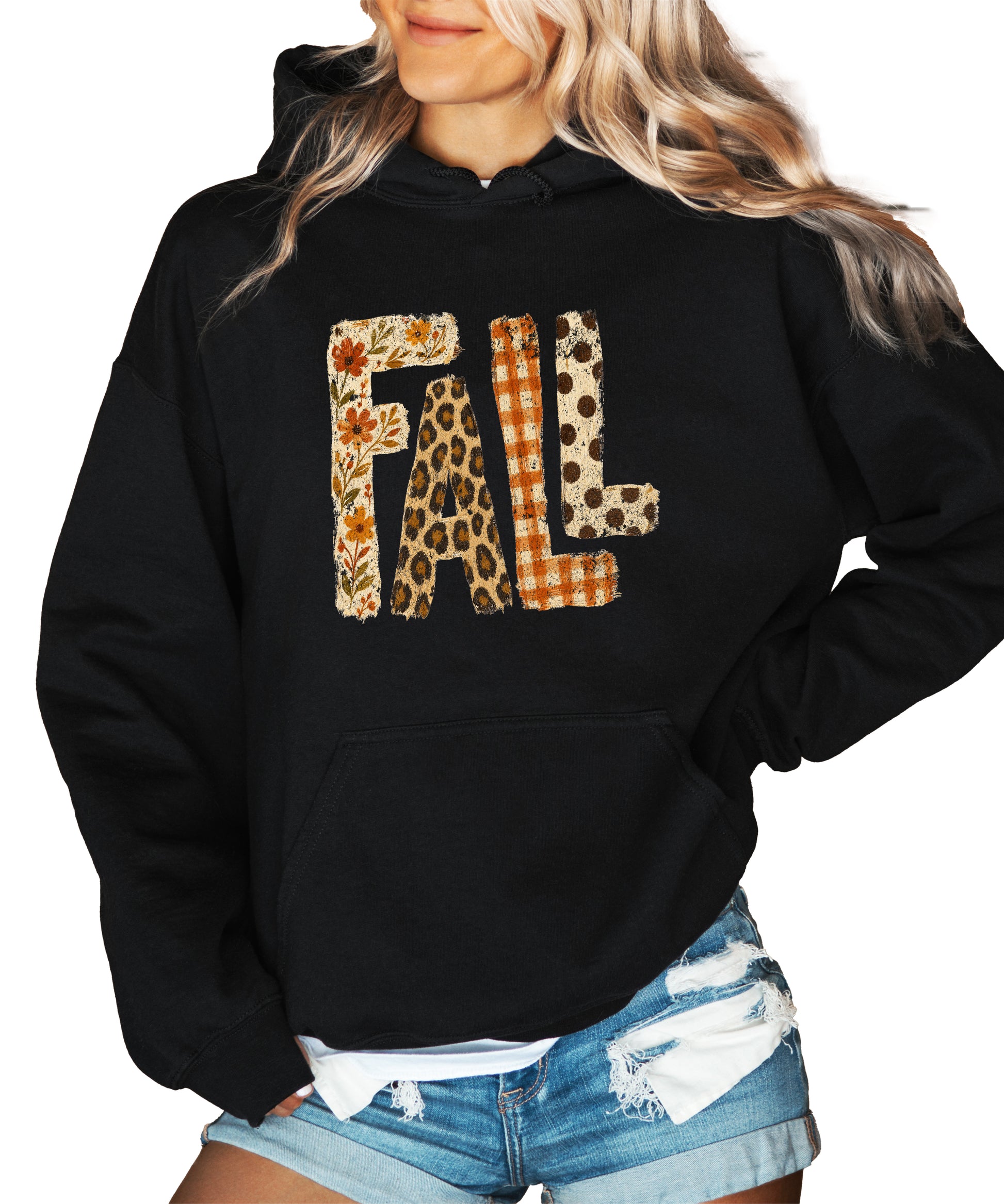 Fall leopard floral gingham polka dot graphic hoodie in Black - alternate view