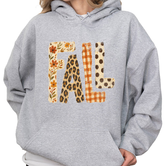 Fall leopard floral gingham polka dot graphic hoodie in Gray - front view