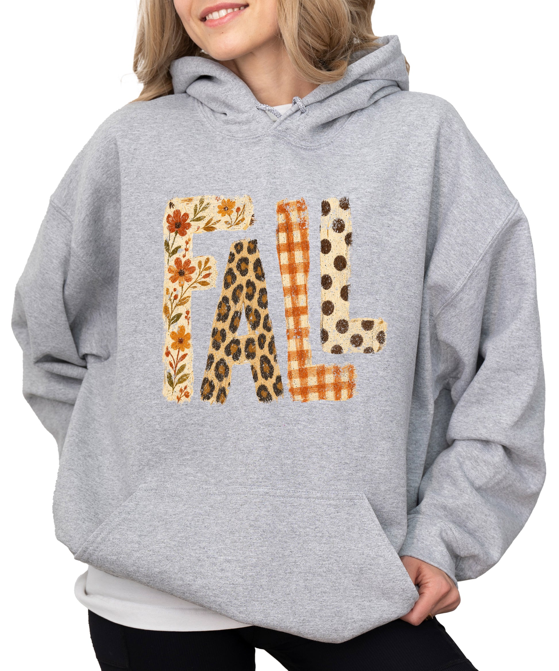 Fall leopard floral gingham polka dot graphic hoodie in Gray - front view