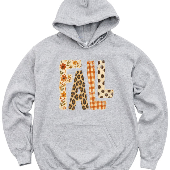 Fall leopard floral gingham polka dot graphic hoodie in Gray - detail view