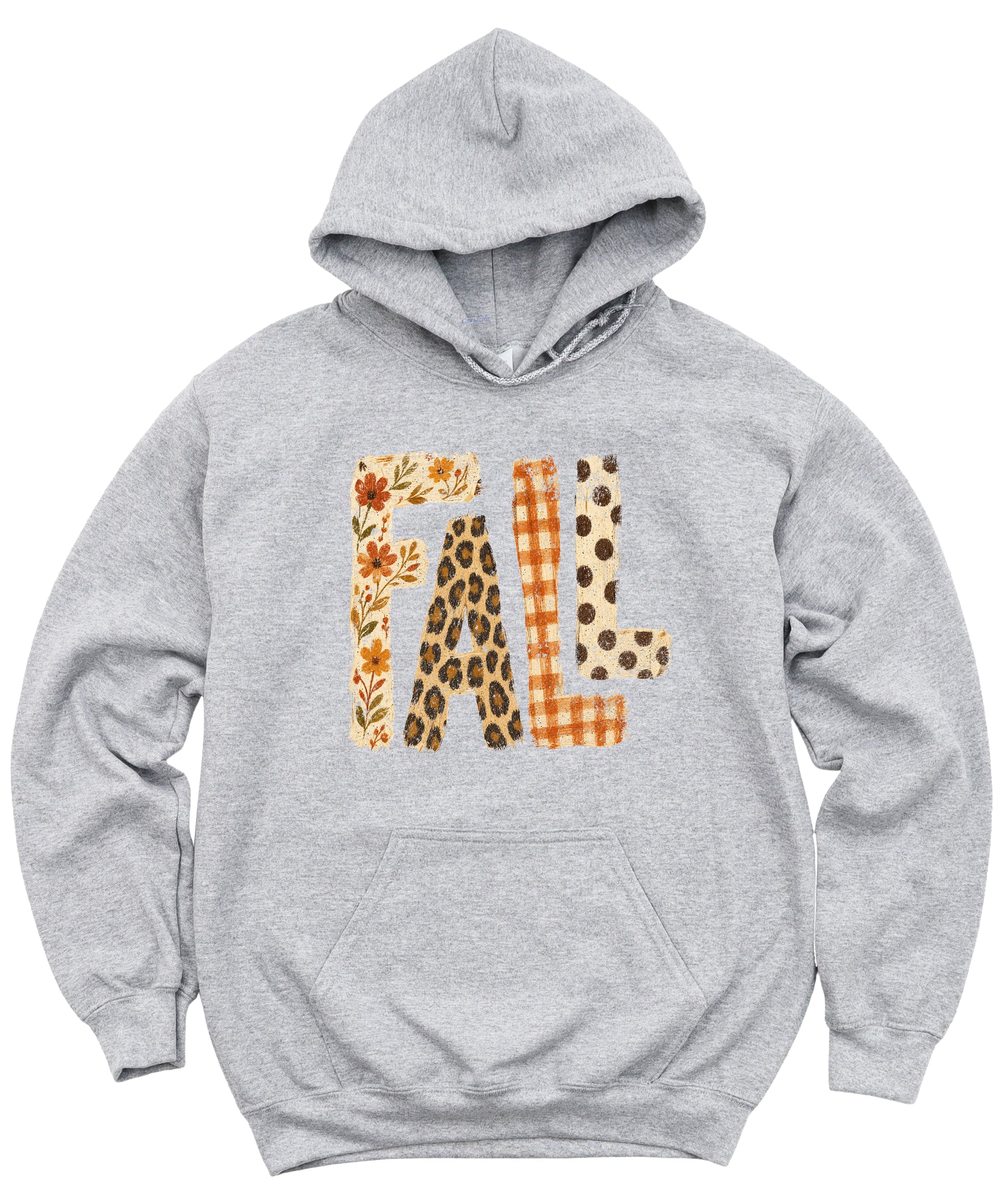 Fall leopard floral gingham polka dot graphic hoodie in Gray - detail view
