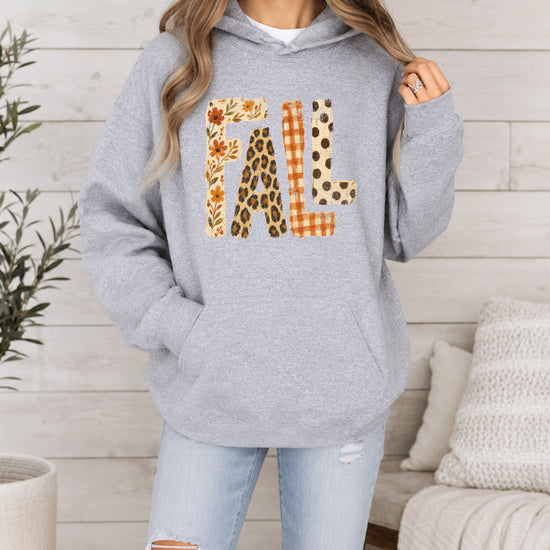 Fall leopard floral gingham polka dot graphic hoodie in Gray - styled view
