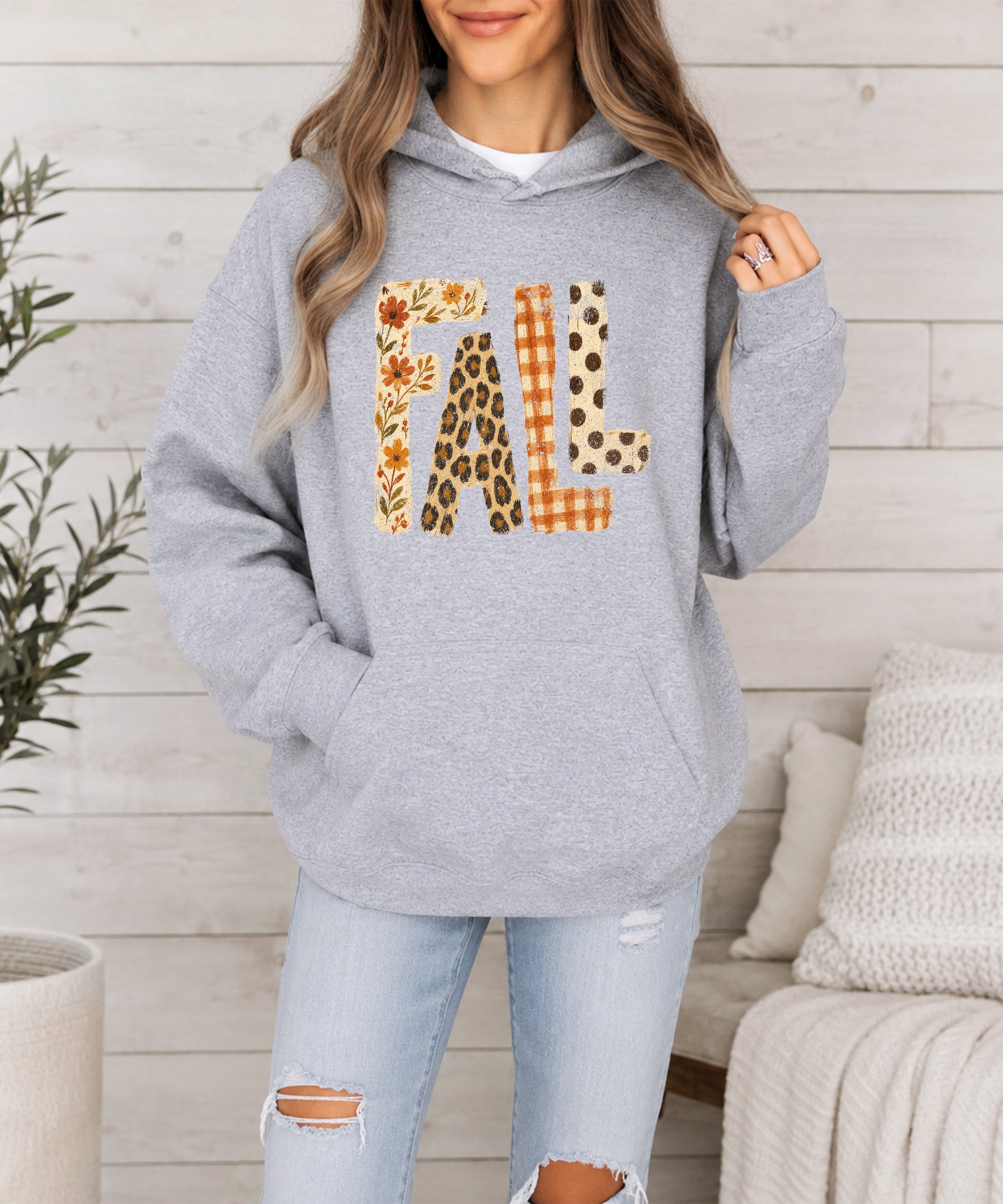 Fall leopard floral gingham polka dot graphic hoodie in Gray - styled view