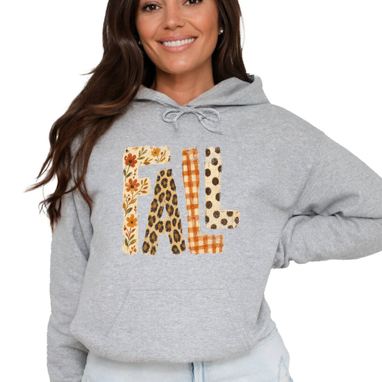 Fall leopard floral gingham polka dot graphic hoodie in Gray - lifestyle view