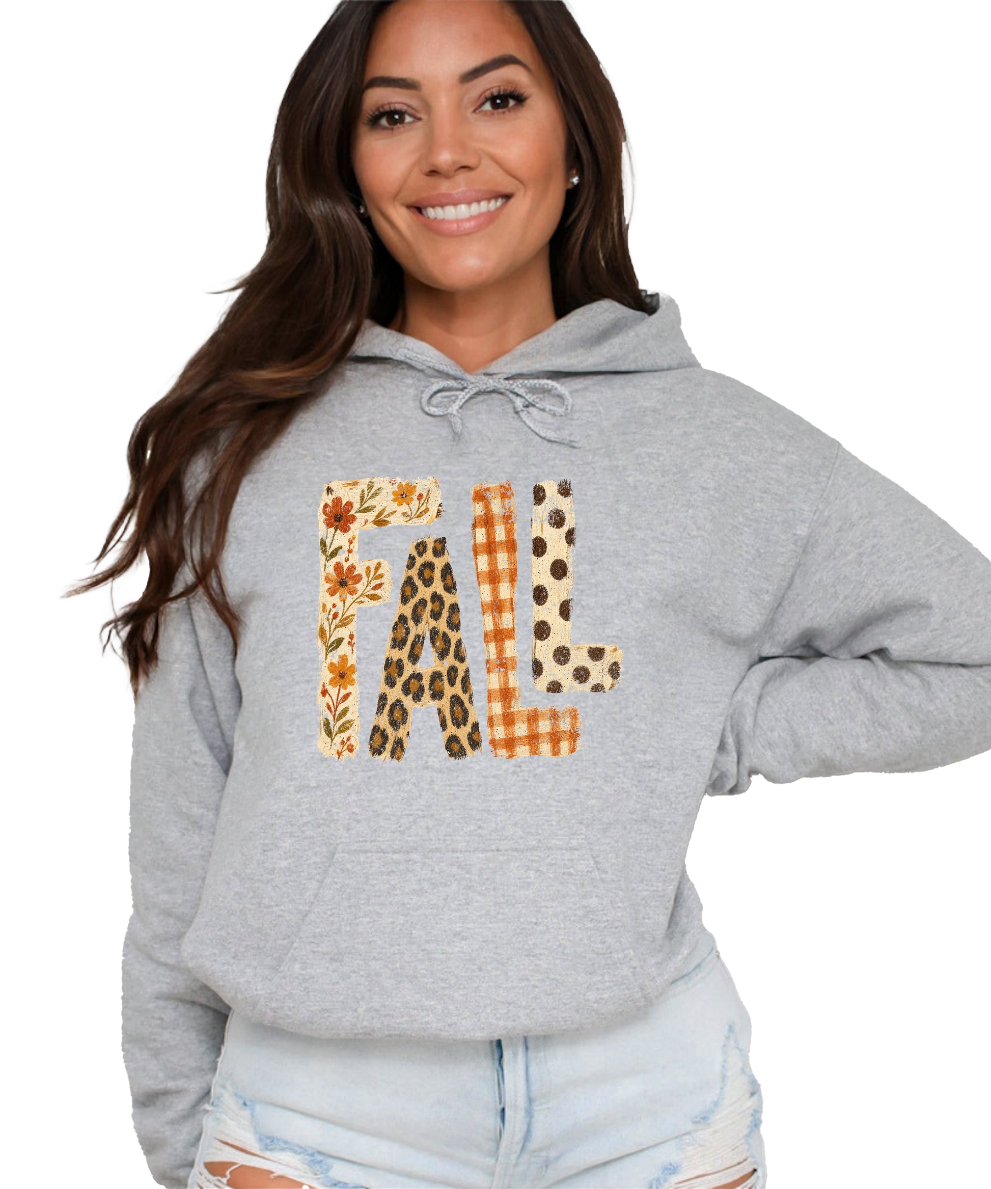 Fall leopard floral gingham polka dot graphic hoodie in Gray - lifestyle view