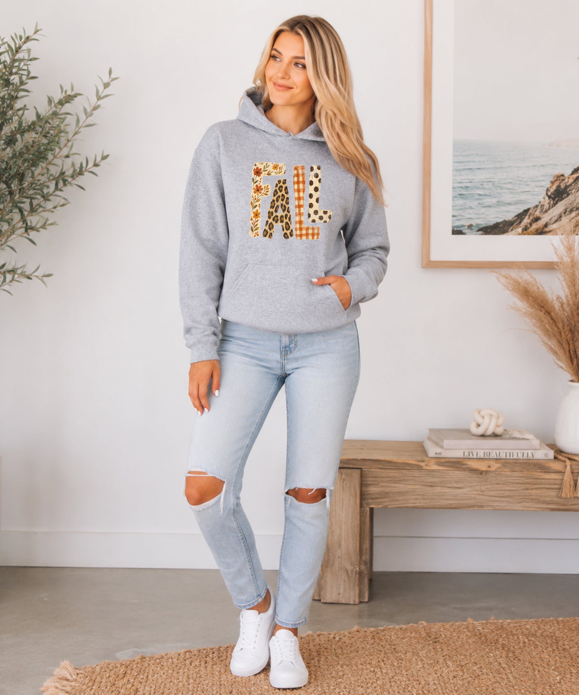 Fall leopard floral gingham polka dot graphic hoodie in Gray - alternate view