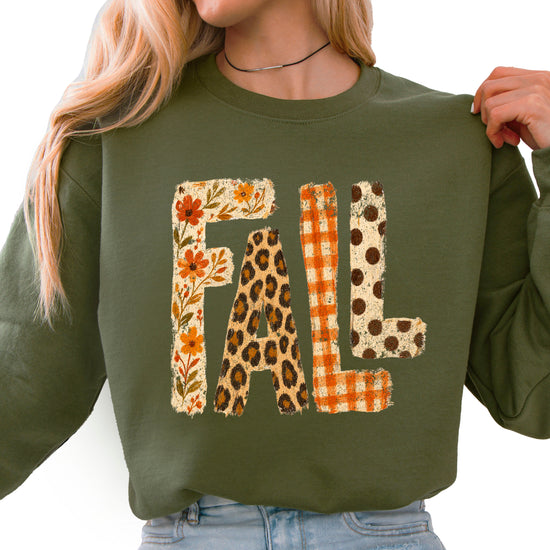 Fall Sweatshirt for Women and Teen Girls Leopard Floral Plaid Autumn Crewneck Pullover - Army Green Sweatshirt view 1